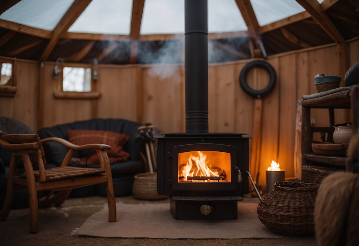 A wood stove sits at the center of a cozy yurt, surrounded by rustic furniture and warm lighting. Smoke billows from the chimney, creating a comforting and inviting atmosphere