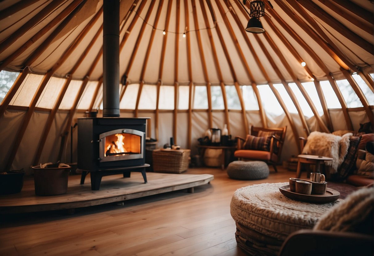 A well-ventilated yurt with a wood stove at its center, surrounded by fireproof materials and clear of any flammable objects