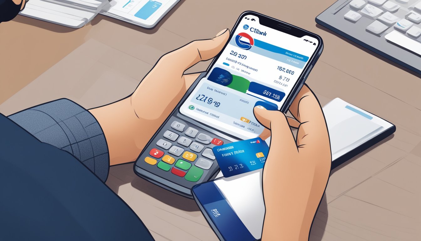 A person in Singapore using a mobile phone to transfer funds to pay their Citibank Ready Credit account. The screen shows the payment process with the Citibank logo and account details