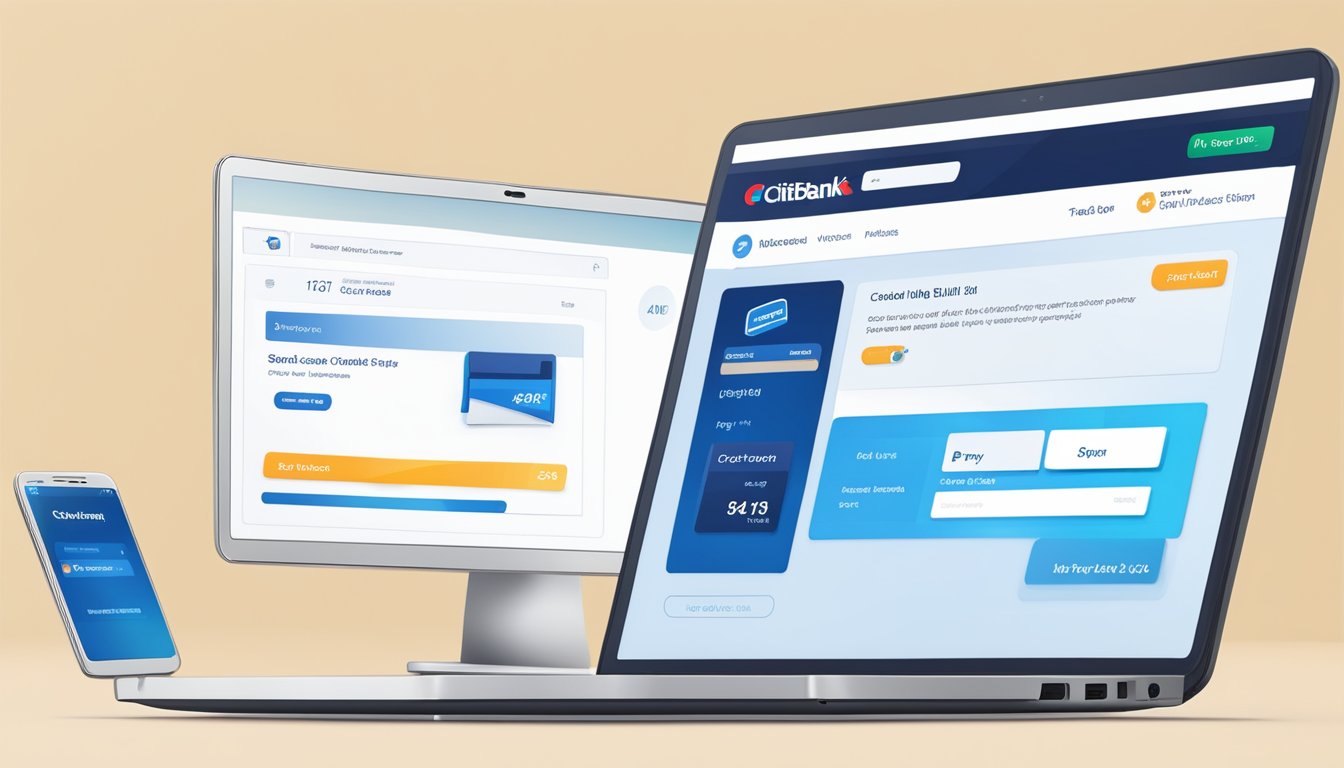 A laptop displaying the Citibank website, with a cursor clicking on the "Pay Bill" option for Ready Credit, while a mobile phone shows a notification of rewards and offers