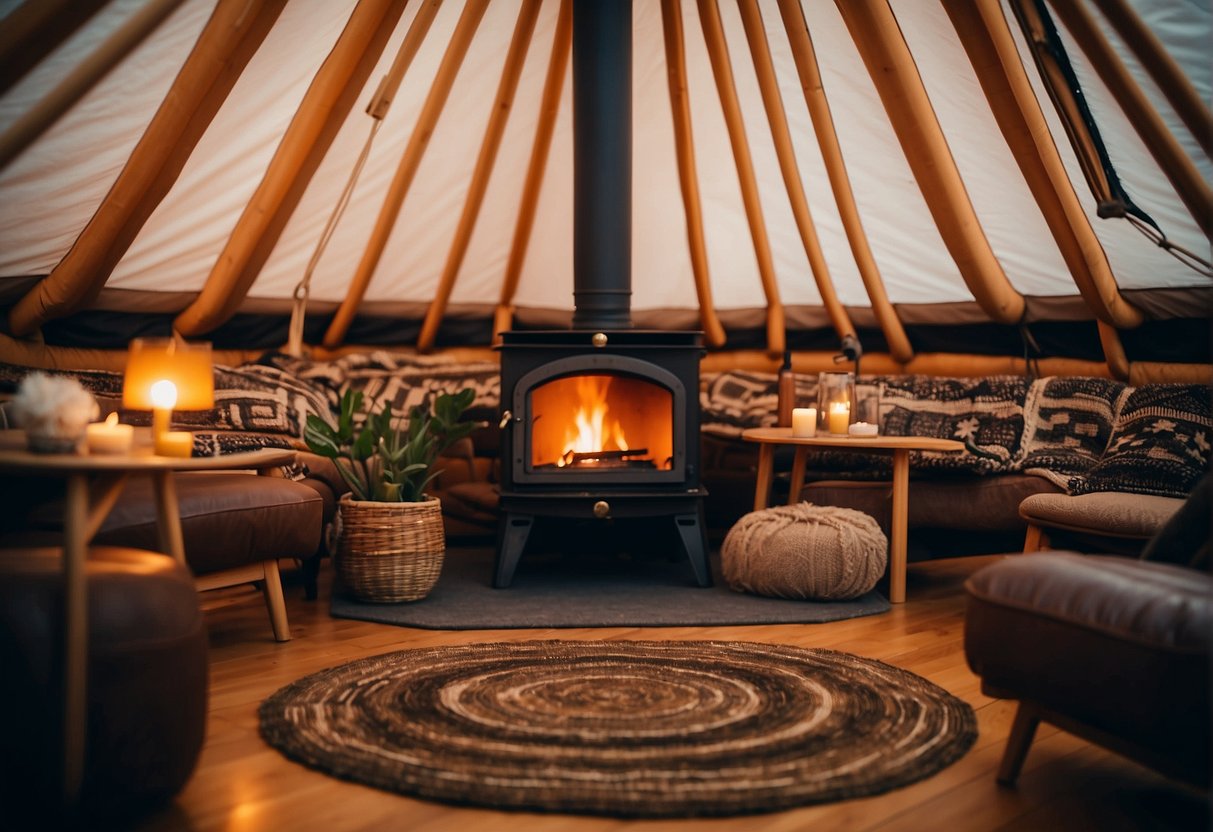 A cozy yurt interior with a wood stove as the focal point, surrounded by comfortable seating and warm lighting