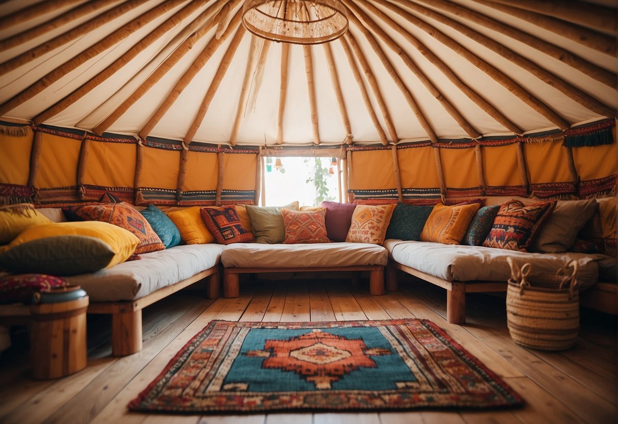 A cozy yurt interior with natural wood flooring, adorned with colorful woven rugs and cushions, creating a warm and inviting atmosphere