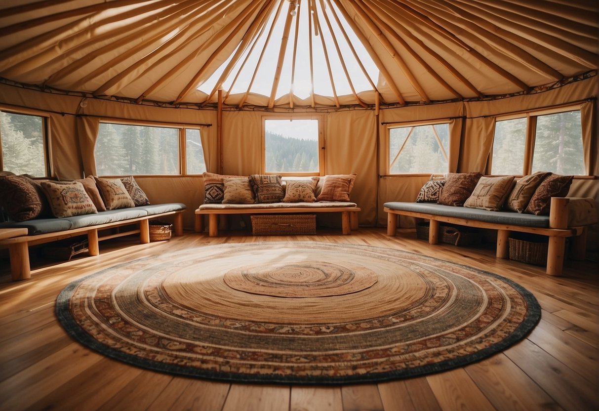 A yurt interior with natural light, showcasing various flooring options such as hardwood, bamboo, or cork, with a cozy and inviting atmosphere