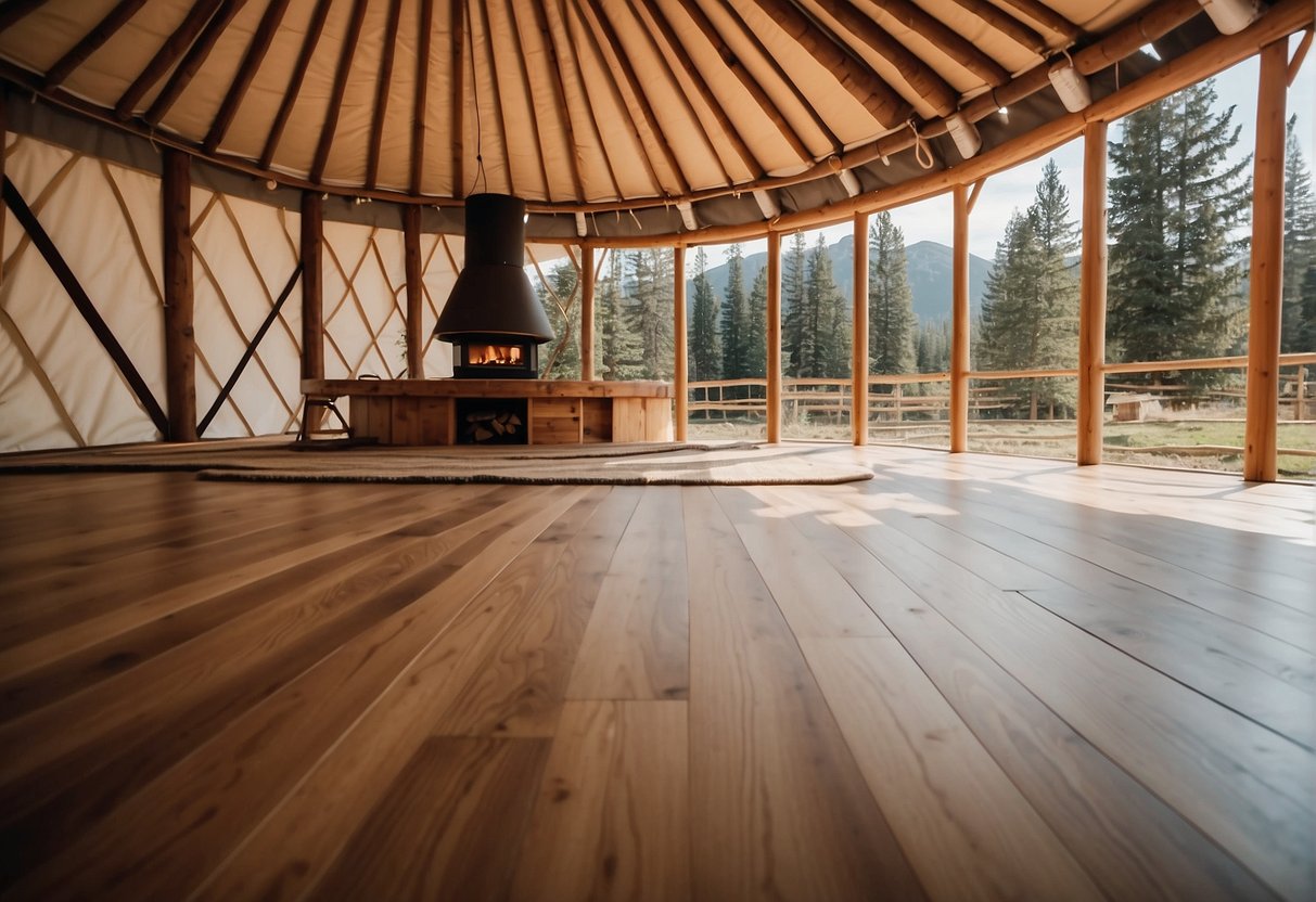 A yurt's circular floor is being installed with durable, easy-to-clean laminate flooring, with careful attention to the curved shape and stability