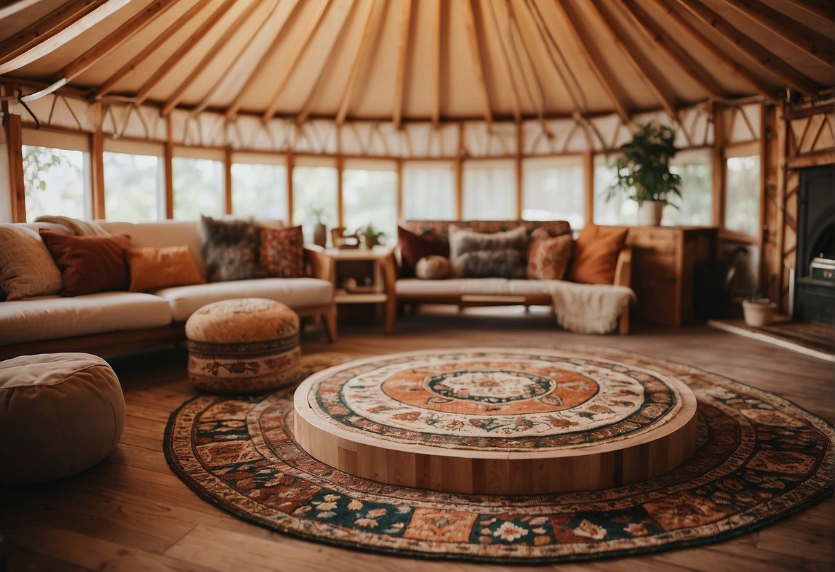 A yurt interior with various flooring samples displayed, including hardwood, laminate, and carpet, with a sign reading "Frequently Asked Questions: Best Flooring for Yurt."