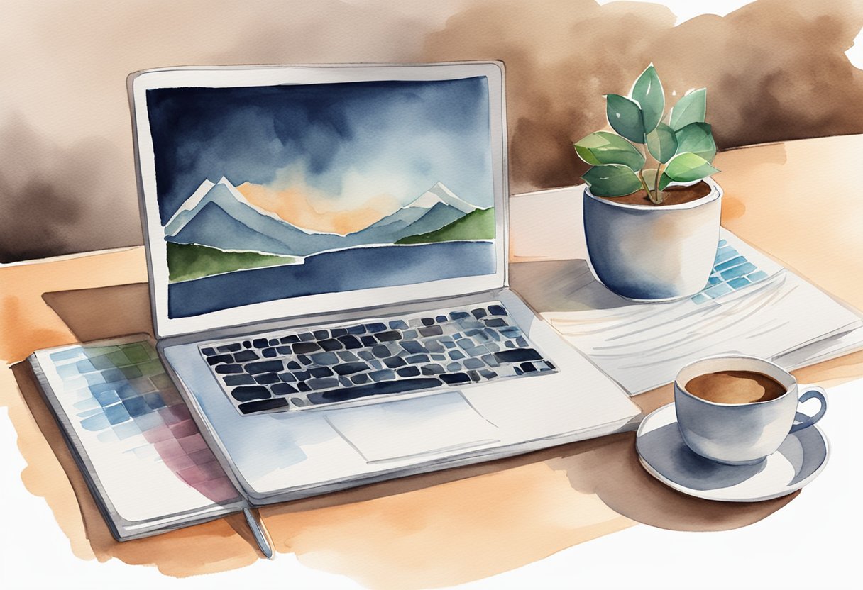 A laptop displaying a "How to Make Money on Udemy" course. A notebook with notes, a pen, and a cup of coffee on a desk