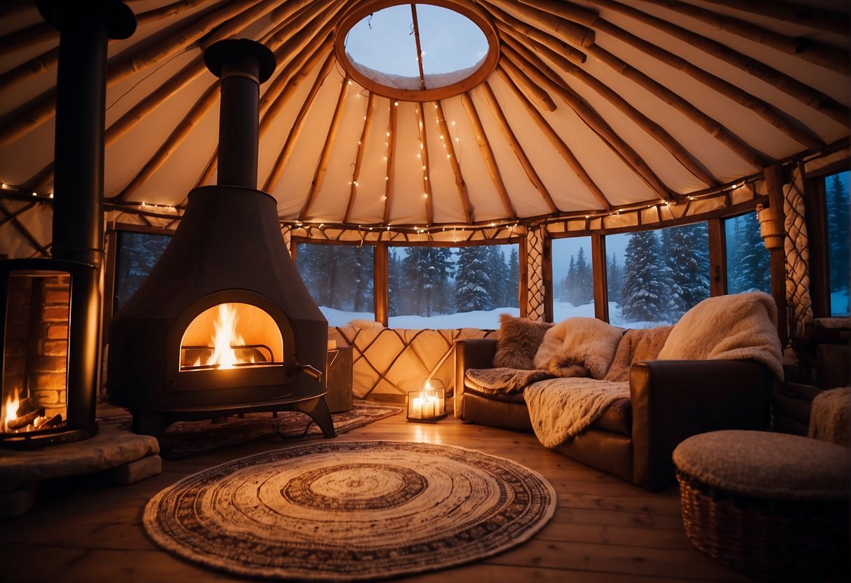 A cozy yurt with a traditional wood-burning stove as the focal point, emitting a warm glow and providing a comforting atmosphere