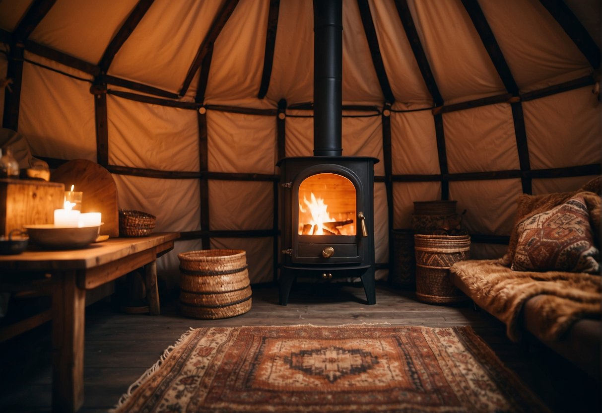 A cozy yurt interior with a wood-burning stove as the focal point, surrounded by rustic furnishings and warm lighting