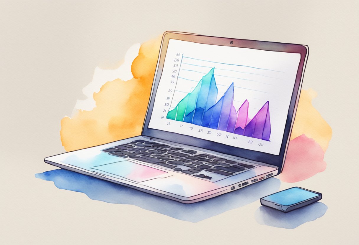 A laptop displaying a course on "How to make money on Udemy" with a dollar sign and a graph chart in the background