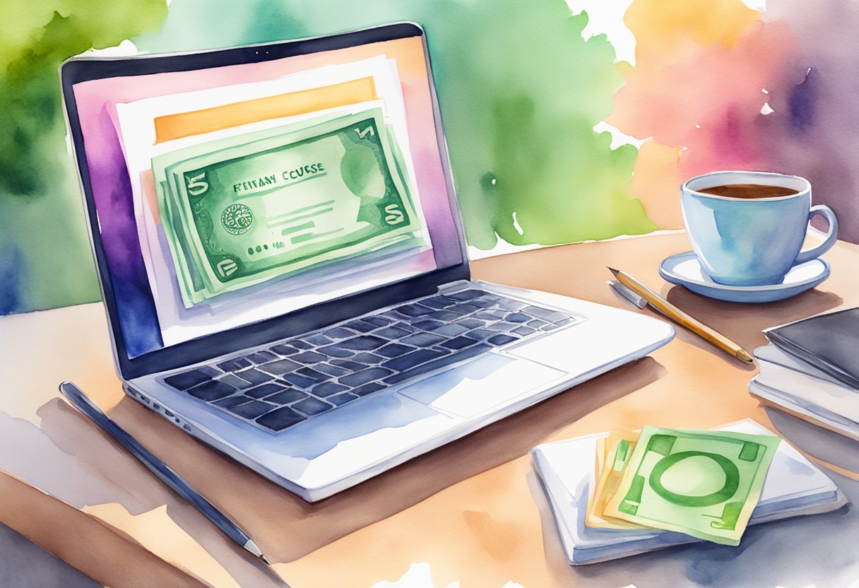 A laptop displaying a Udemy course with high engagement and positive reviews. A stack of money next to it symbolizing financial success