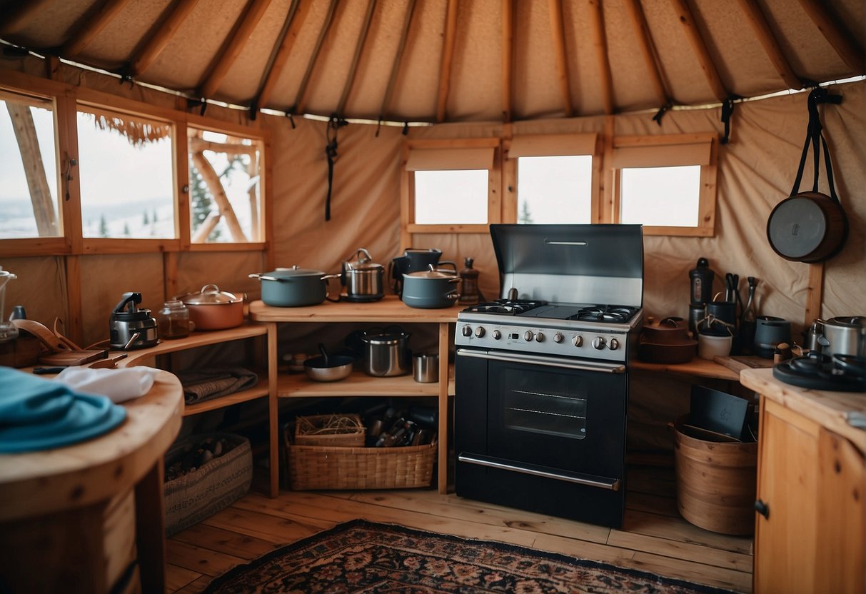 A sturdy stove sits in the center of a cozy yurt, surrounded by tools and supplies for installation and maintenance