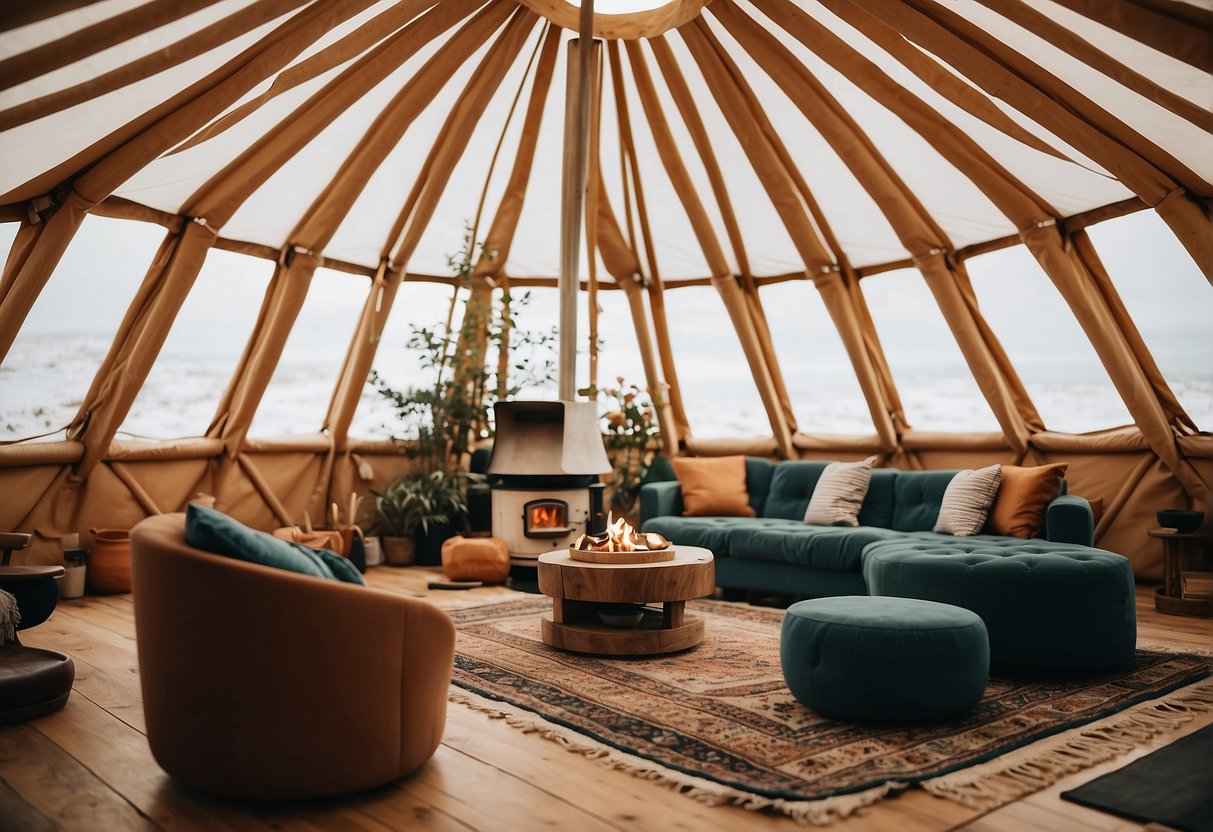 A yurt with a cozy interior, featuring a modern stove as the focal point, surrounded by comfortable seating and natural lighting