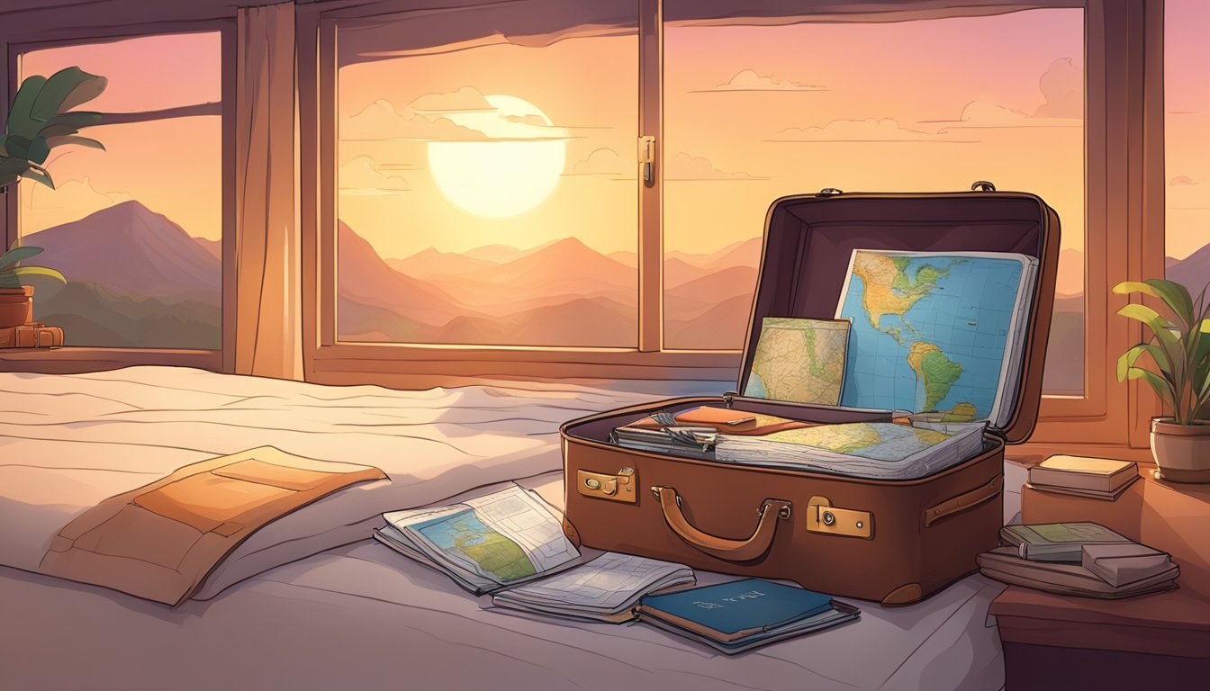 A lone suitcase sits open on a bed, filled with travel essentials. A map and guidebook lay nearby, ready for adventure. The window shows a beautiful sunset, symbolizing the potential for new experiences