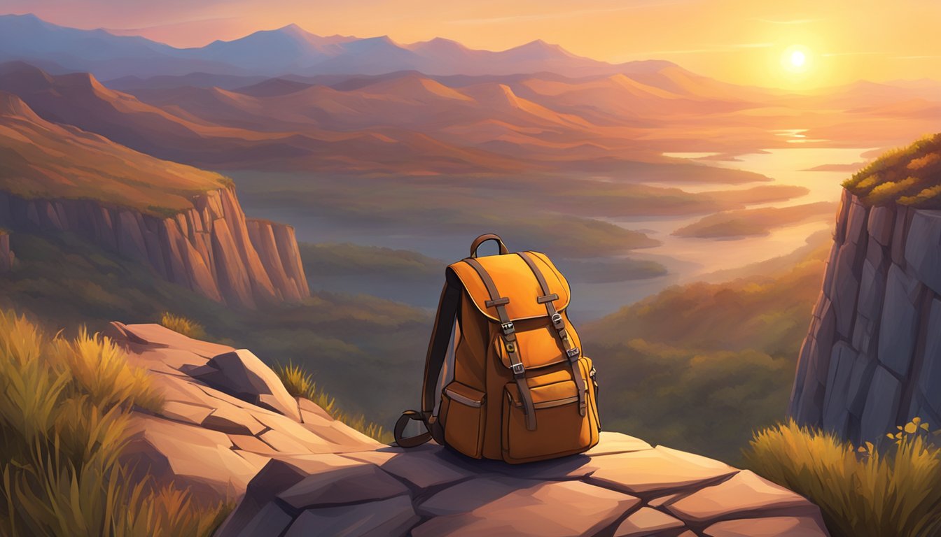 A lone backpack sits on a rugged cliff edge, overlooking a vast and untamed landscape. The sun sets in the distance, casting a warm glow over the scene