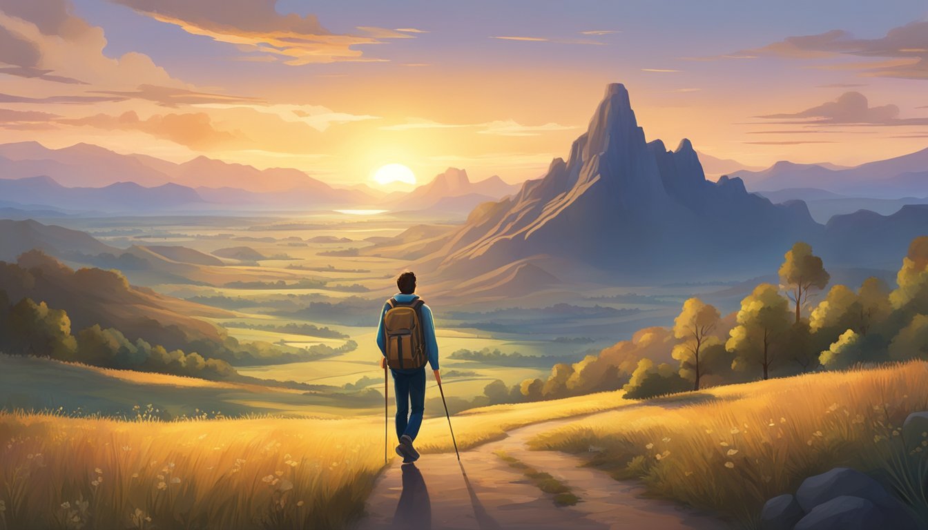 A lone traveler confidently navigates through a serene landscape, equipped with a map and backpack. The sun sets in the distance, casting a warm glow over the scene