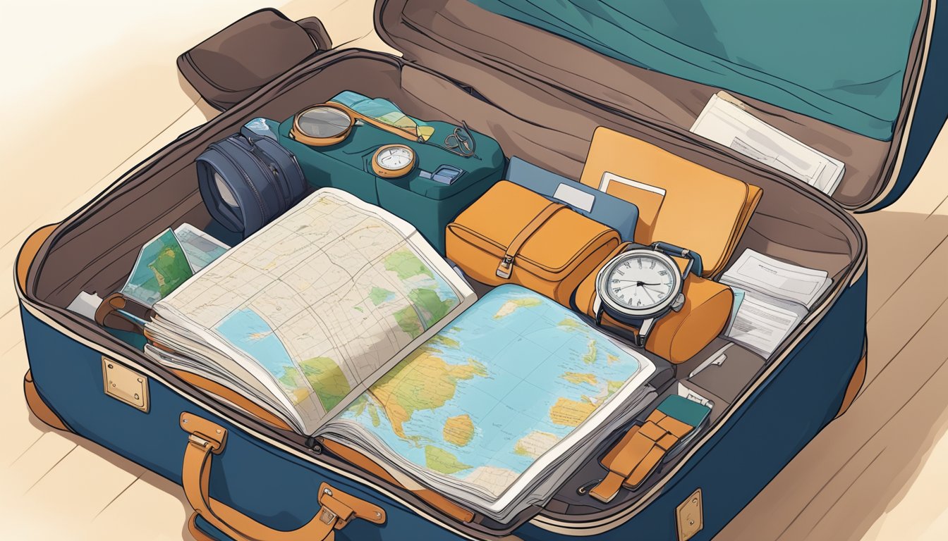 A suitcase sits open on a bed, filled with travel essentials. A map, passport, and guidebook are scattered nearby, with a confident, adventurous vibe