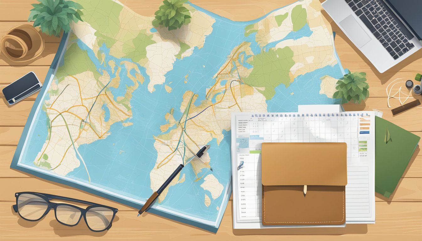 A map with travel routes, a calendar with dates, and a checklist of essentials laid out on a desk