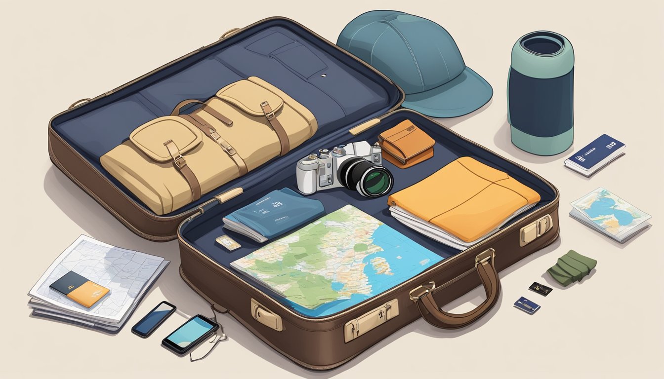 A suitcase open on a bed, filled with clothes and travel essentials. A map, passport, and guidebook lay nearby, ready for solo adventure
