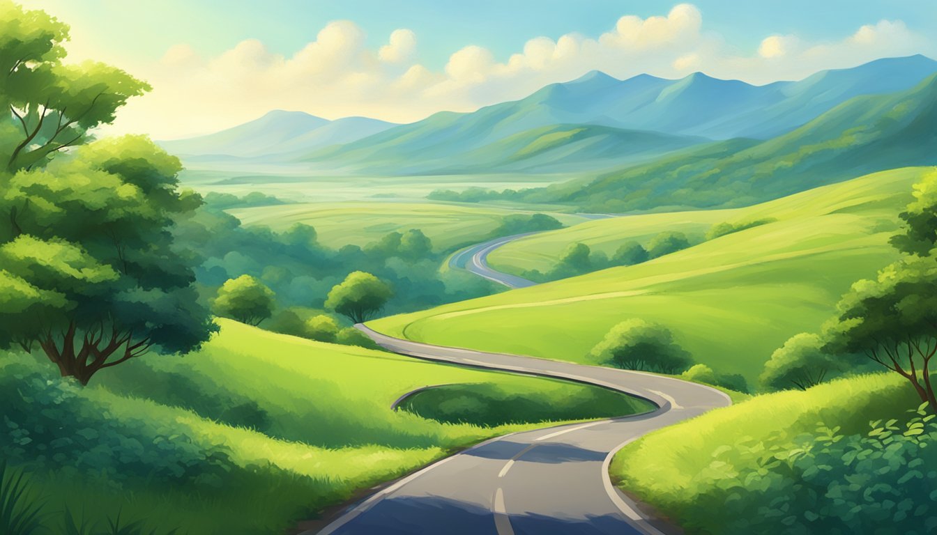 A serene landscape with a winding road leading into the distance, surrounded by lush greenery and clear blue skies, evoking a sense of tranquility and freedom