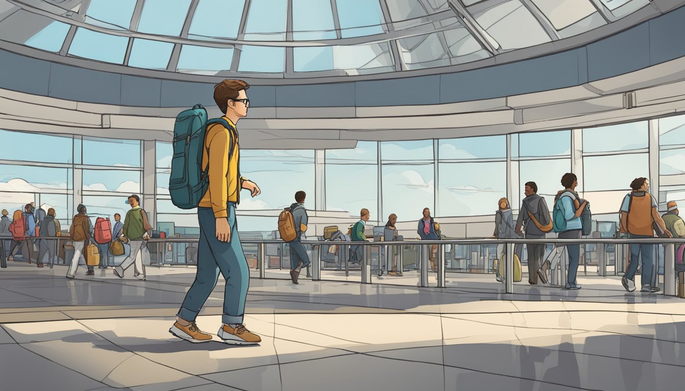 A lone traveler confidently navigates through a bustling airport, carrying a well-worn backpack and a guidebook. They exude a sense of determination and excitement as they prepare to embark on their solo adventure
