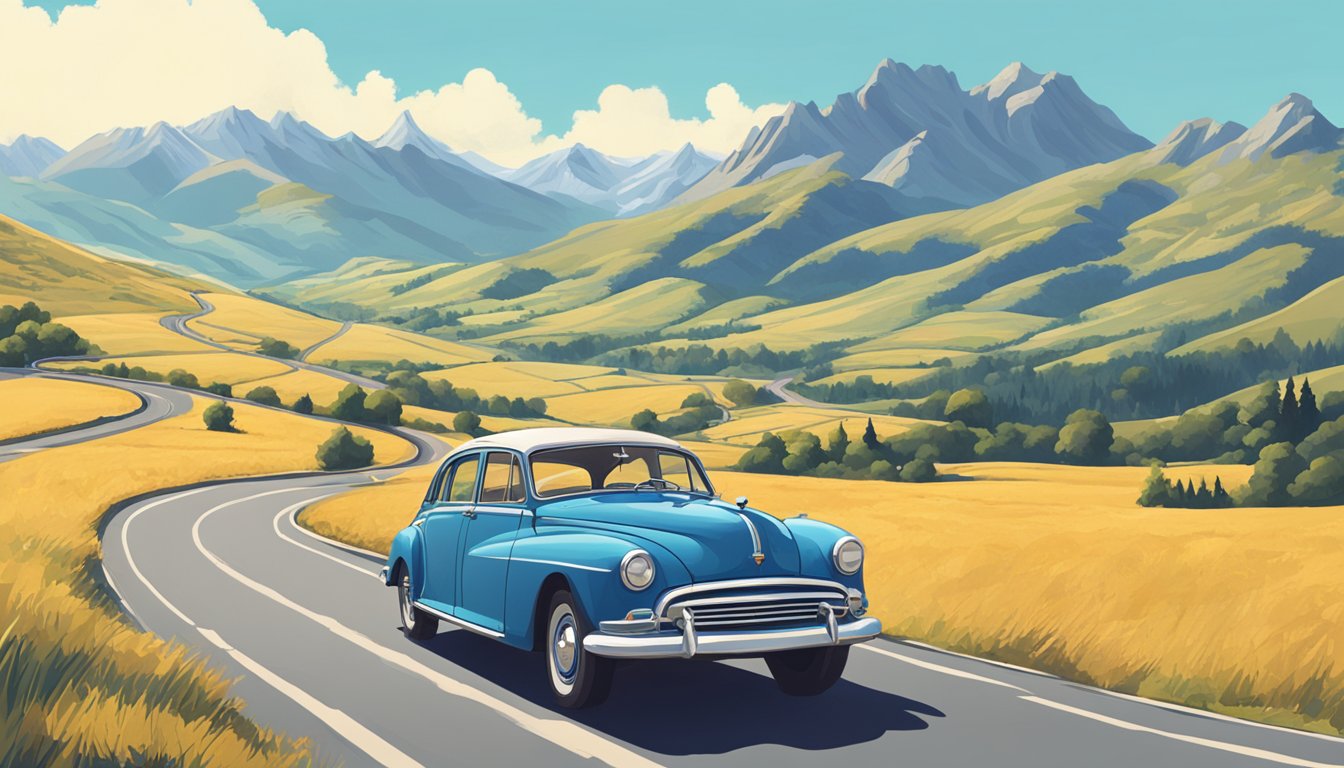A winding road cuts through a picturesque landscape, with mountains in the distance and a clear blue sky above. A vintage car is parked on the side, hinting at a sense of adventure and freedom