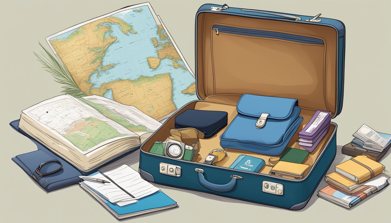A suitcase sits open on a bed, filled with travel essentials. A map, passport, and guidebook are strewn across the bed, along with a notebook and pen for jotting down thoughts and plans