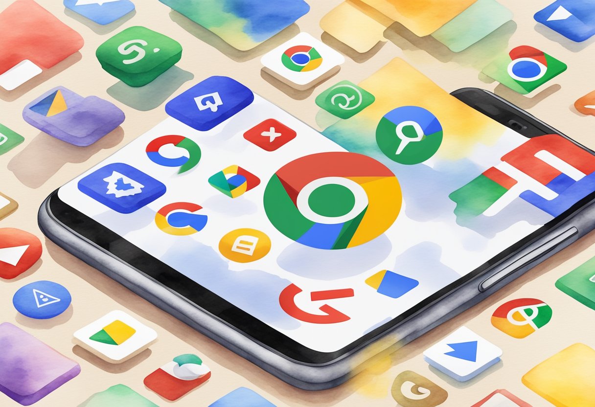 A smartphone with Google apps icons on the screen, including Gmail, Maps, YouTube, and Chrome