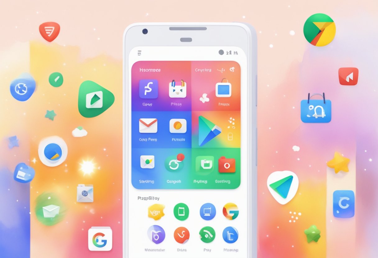 The Google Play Store homepage displays top google apps with colorful icons and ratings