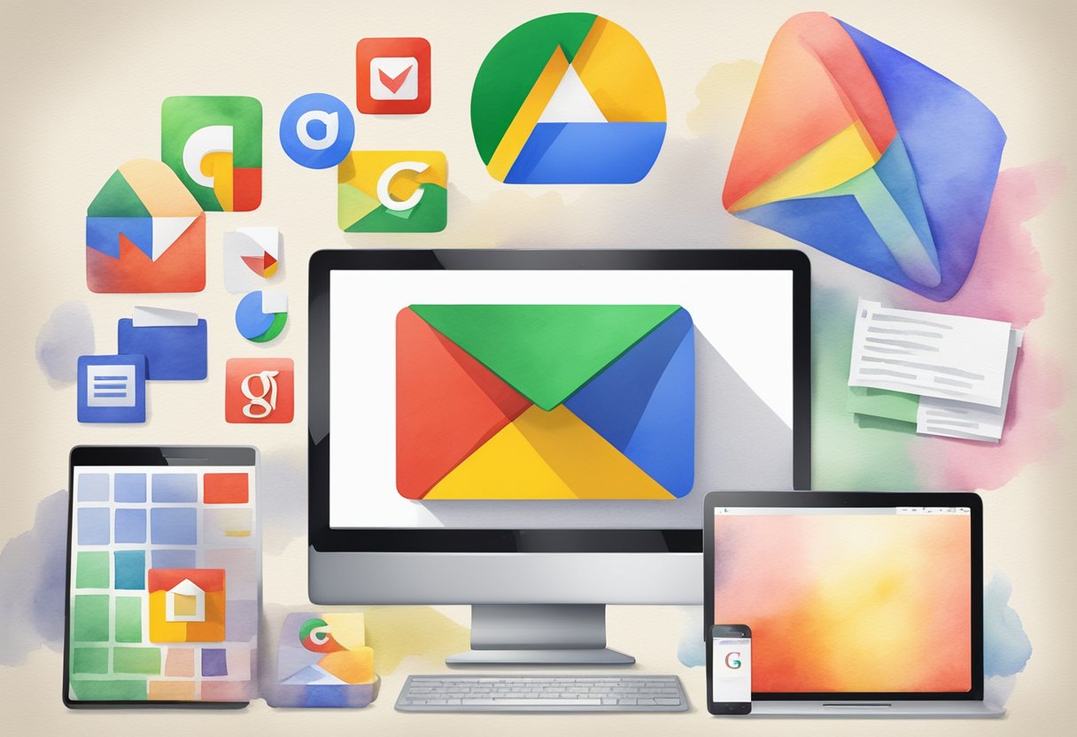 A colorful array of Google's popular apps - Gmail, Drive, Docs, Sheets, and Slides - displayed on various electronic devices