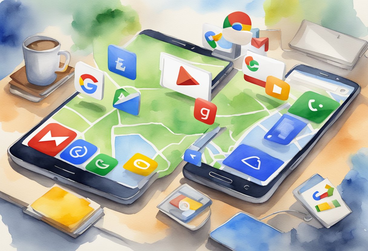 The scene shows a smartphone with Google apps displayed on the screen, including Gmail, Maps, YouTube, and Chrome. Each app is highlighted with its distinctive logo and features
