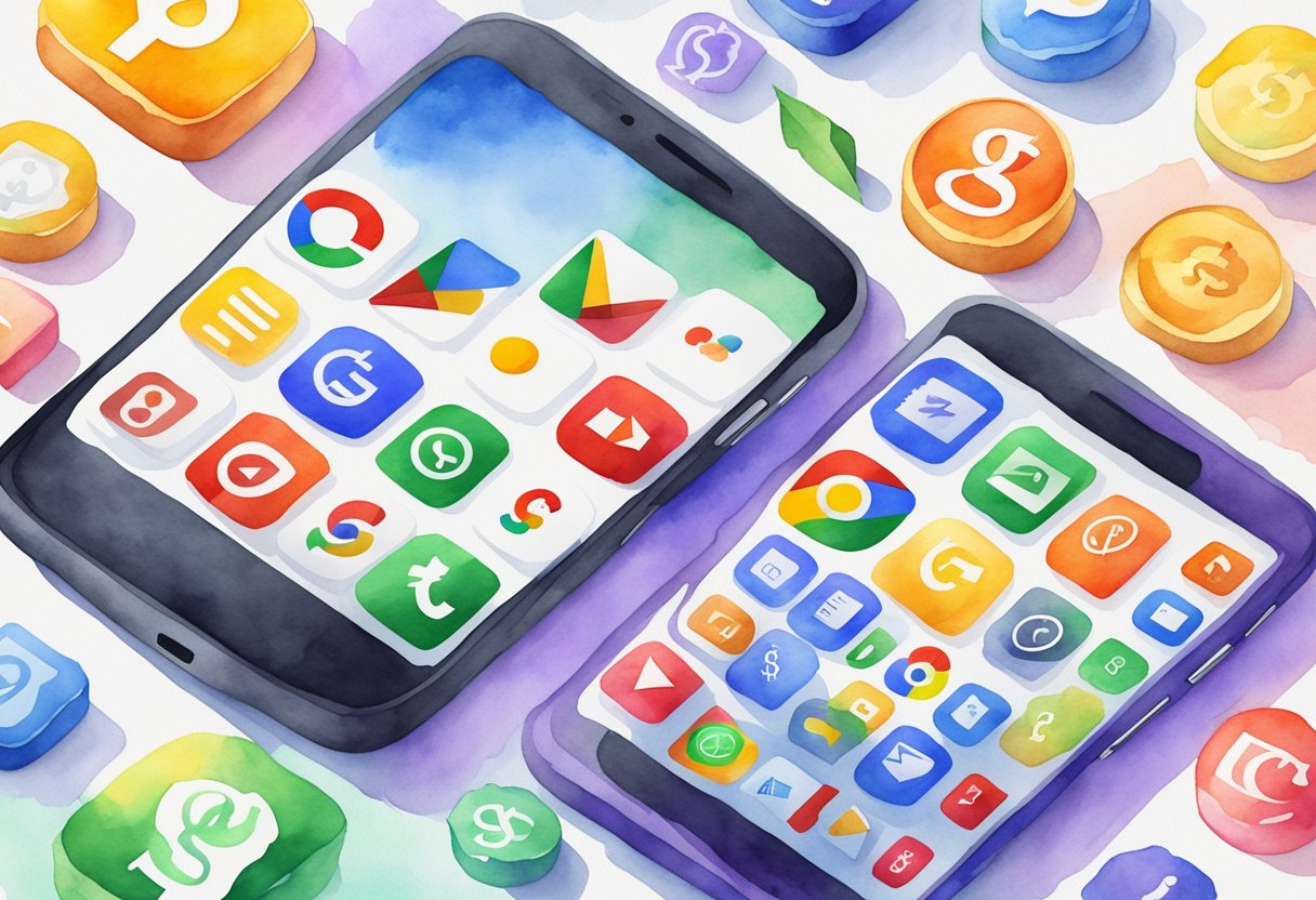 A vibrant smartphone with Google apps icons displayed, surrounded by dollar signs and marketing graphics