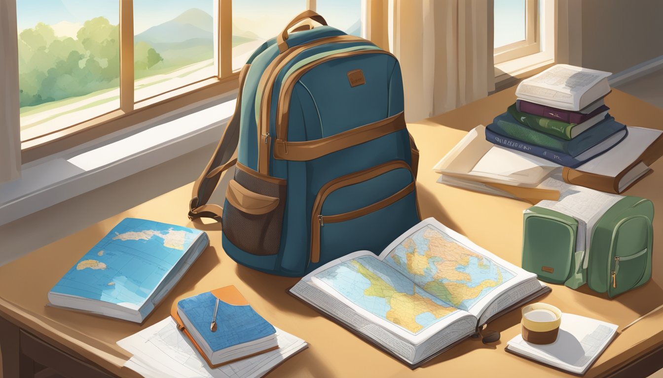 A woman's backpack and map lay on a table, surrounded by travel guides and a journal. The window shows a sunny day outside