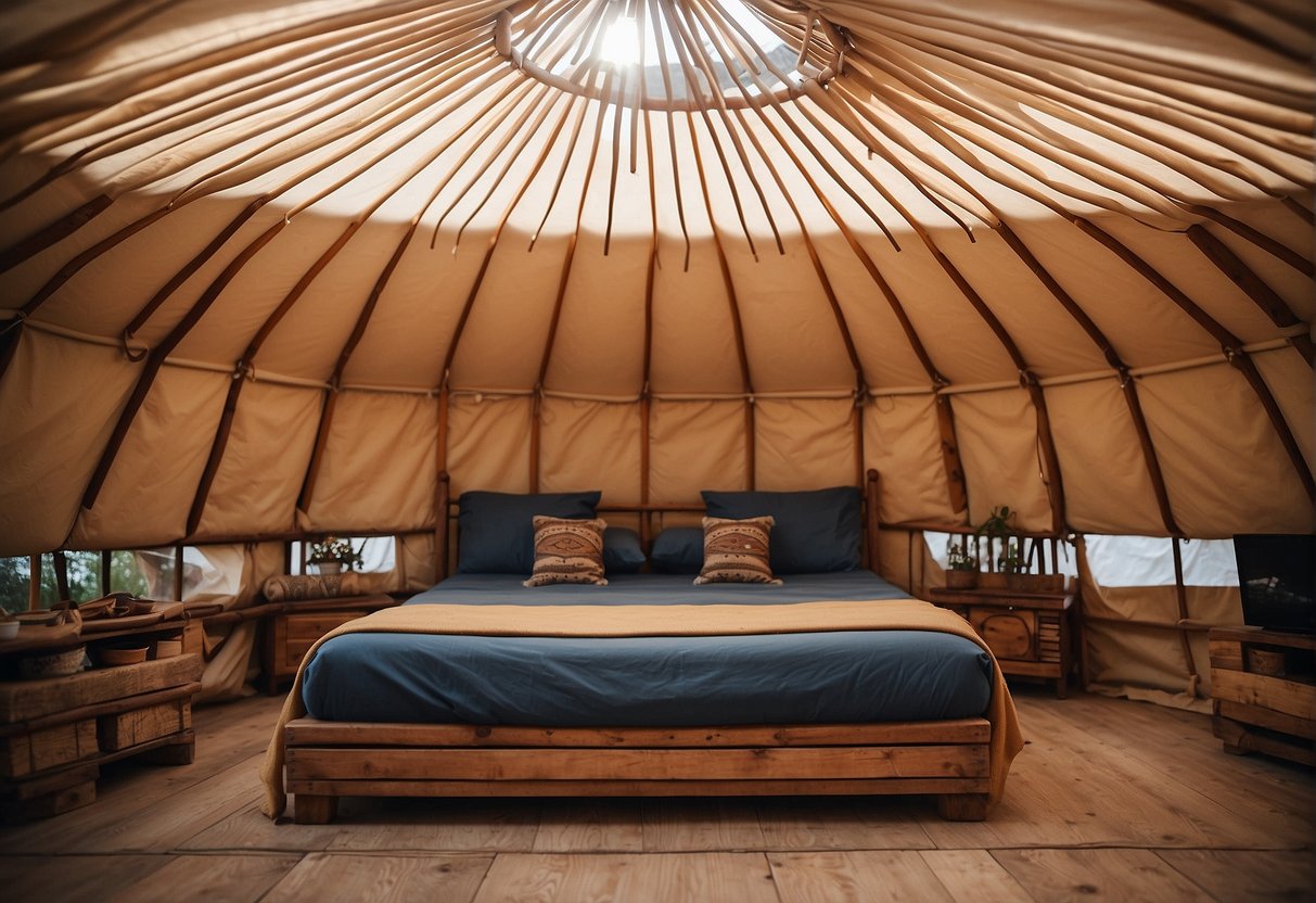 A sturdy, weather-resistant canvas fabric is stretched across the wooden frame of the yurt, providing a durable and protective covering for the traditional nomadic dwelling