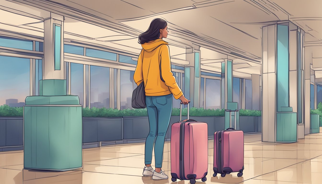 A solo female traveler securely locks her suitcase and checks her surroundings before heading out