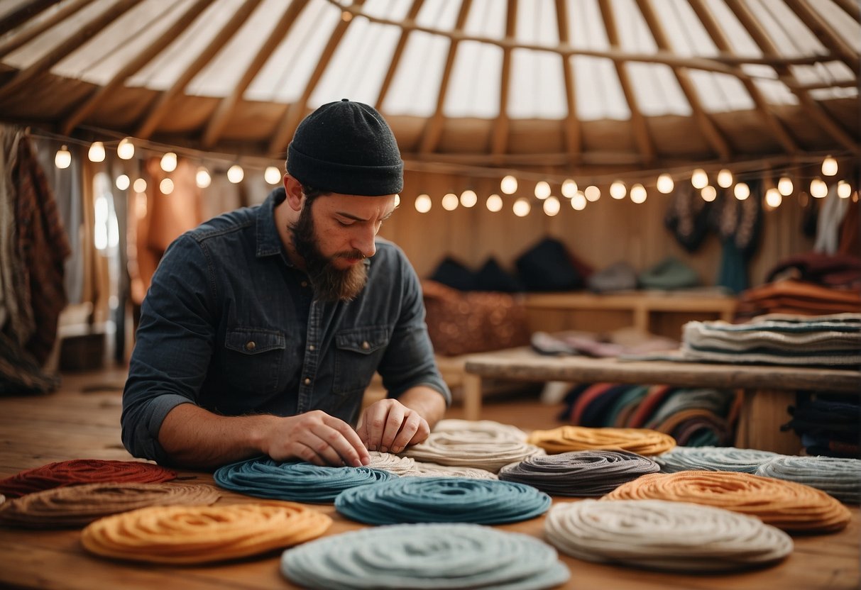 A person carefully comparing different fabric samples for a yurt, considering factors like durability, weather resistance, and insulation