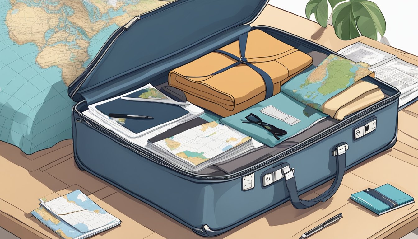 A suitcase open on a bed, with clothing spilling out. A map and guidebook lay nearby, as a laptop shows travel research on the desk