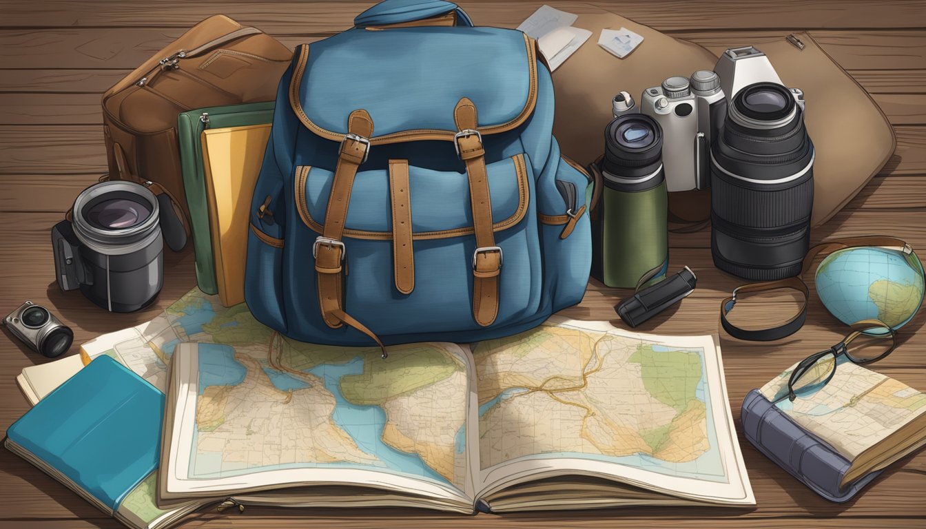 A woman's backpack, map, and camera laid out on a rustic wooden table, surrounded by travel guides and a journal
