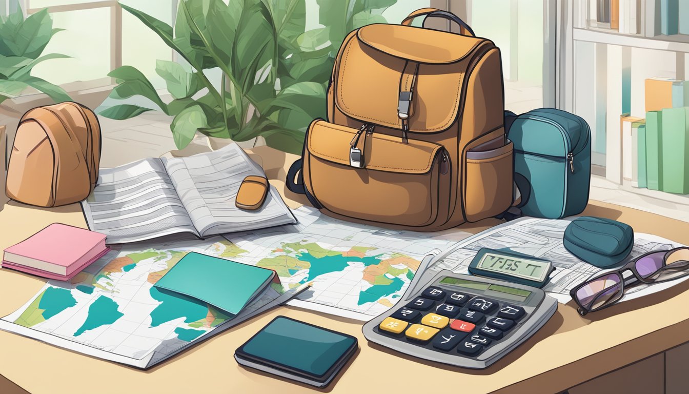 A woman's backpack and map lay on a table, surrounded by travel guides and a budget planner. A calculator and currency exchange chart sit nearby