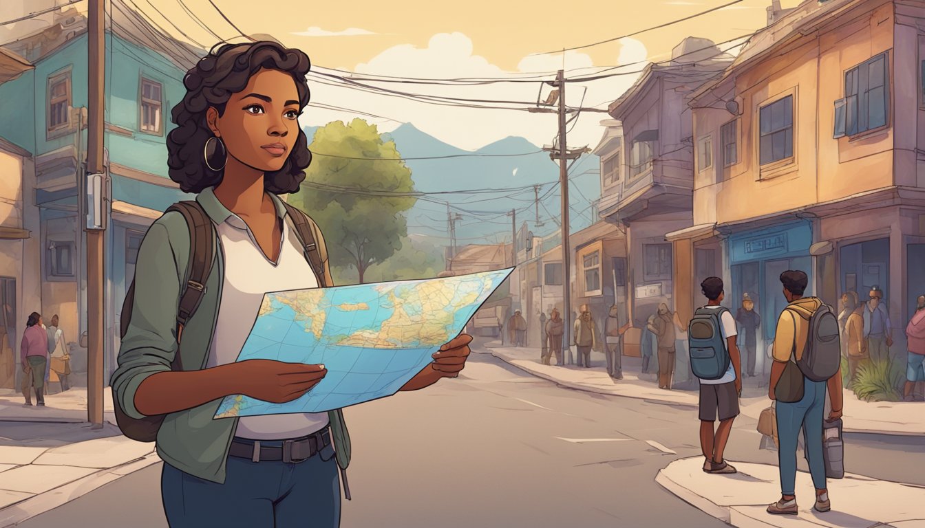 A solo female traveler stands at a crossroads, surrounded by a diverse community. She holds a map and looks determined, while locals offer guidance and support
