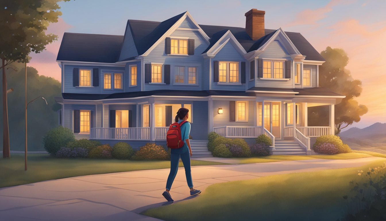 A solo female traveler approaches a welcoming, well-lit home at dusk, with a backpack on her shoulder and a sense of accomplishment in her stride