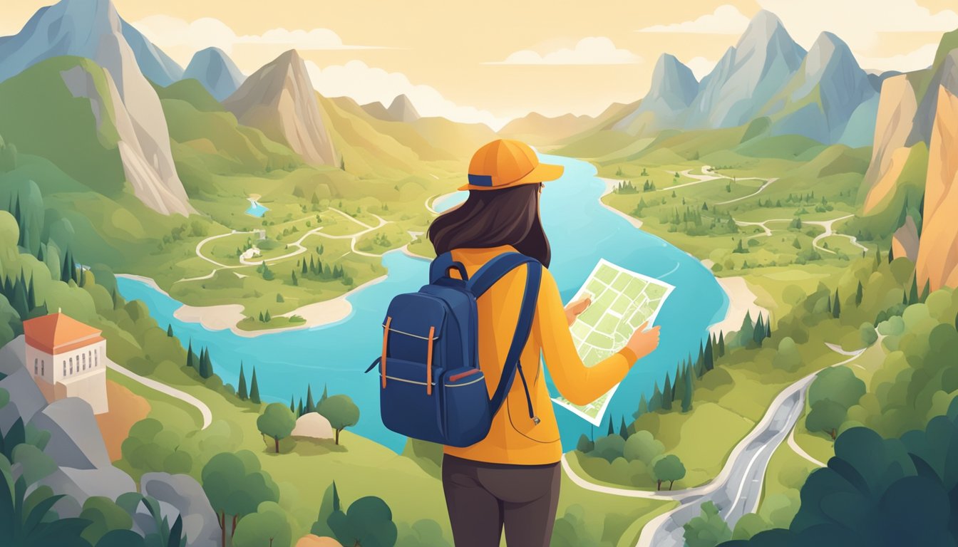 A solo female traveler standing confidently with a map in hand, surrounded by diverse landscapes and landmarks