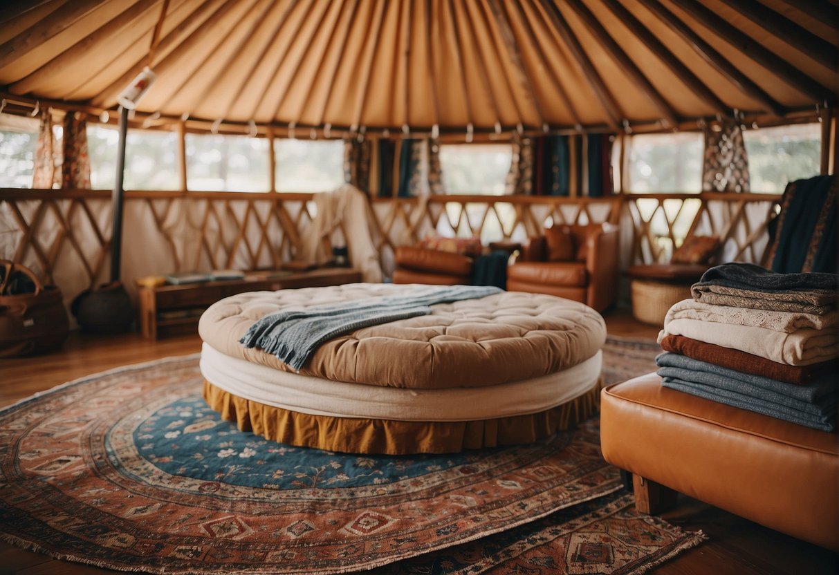 A yurt surrounded by various fabric swatches, with a sign reading "Frequently Asked Questions: Best Fabric for Yurt" displayed prominently