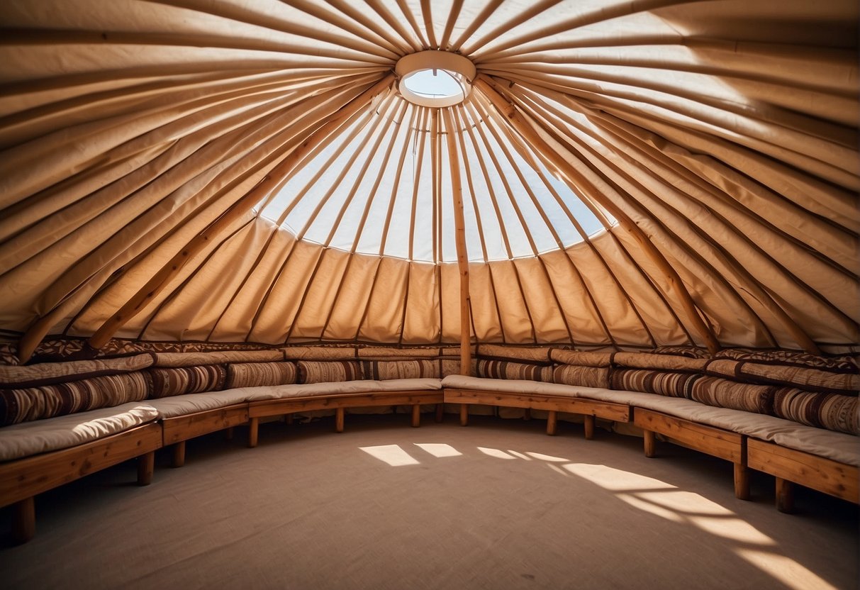 A sturdy, conical yurt roof made of wooden poles and covered with layers of felt or canvas, topped with a circular skylight for natural light