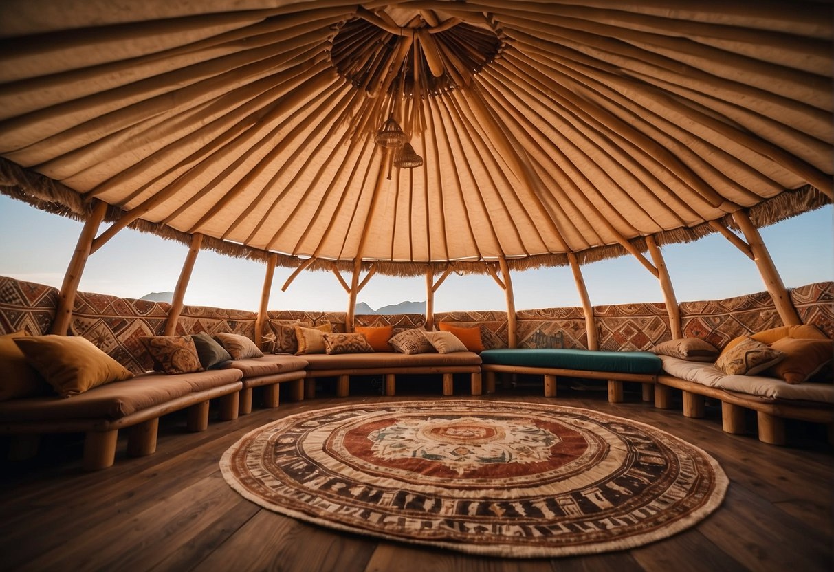 A yurt's conical roof made of wooden poles and felt layers, with a central ring at the peak, and a smoke hole for ventilation