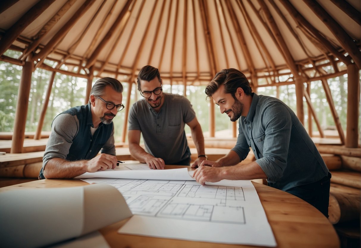 A team of architects and engineers brainstorm and sketch ideas for a custom-designed roof for a yurt, considering materials, shape, and functionality