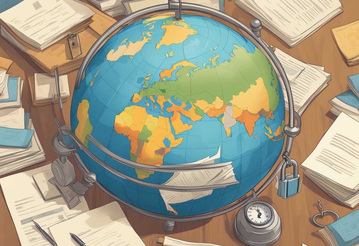 A globe surrounded by various legal documents from different countries, with a lock symbolizing privacy