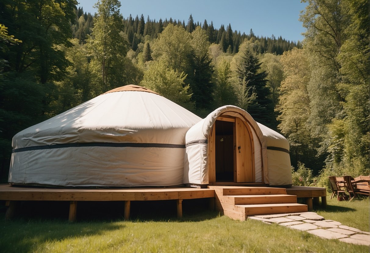 A yurt with a sturdy, weather-resistant roof stands against a clear blue sky, surrounded by lush greenery and a serene, natural landscape