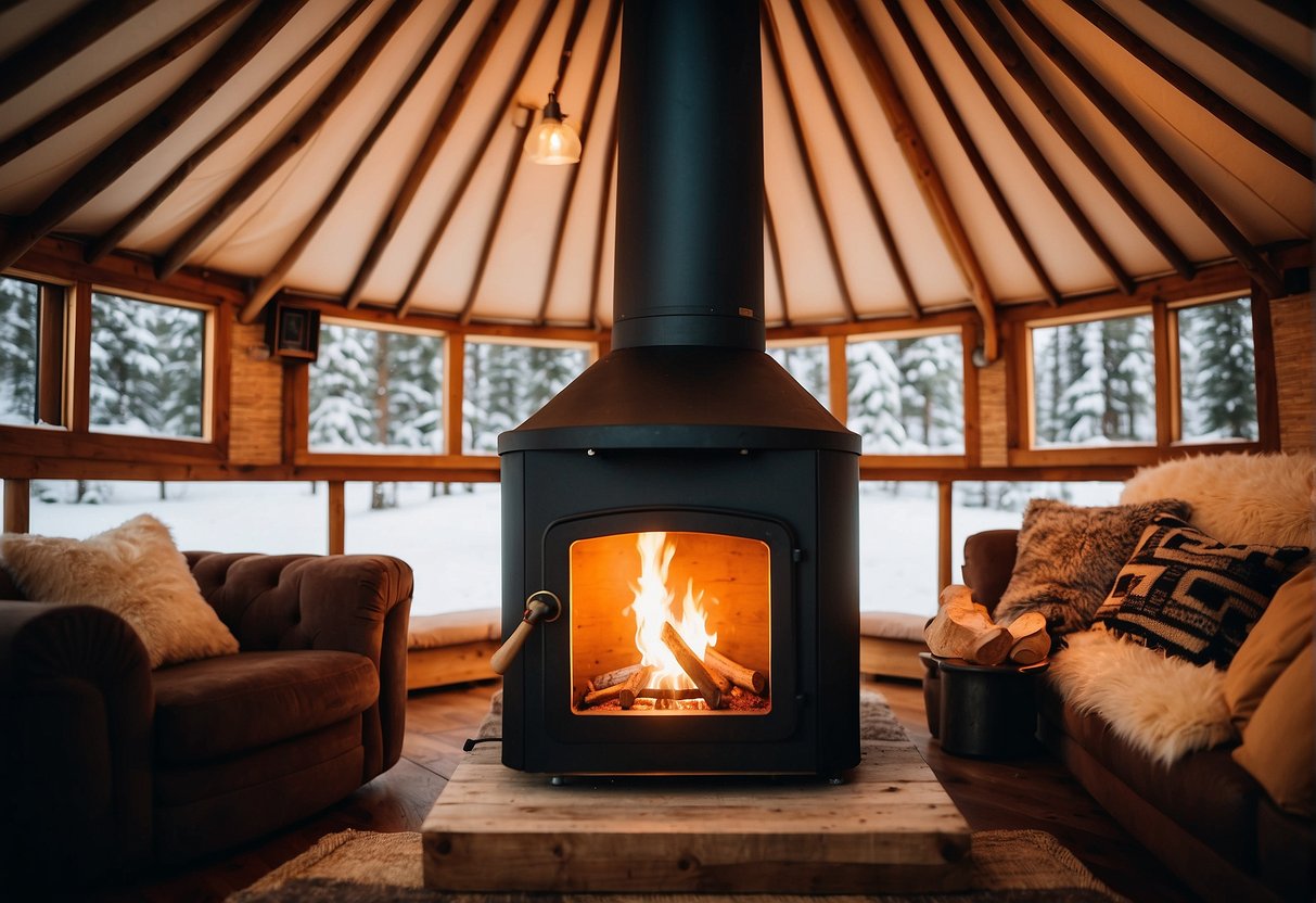 A cozy yurt with a crackling pellet stove as the focal point, radiating warmth and creating a comforting atmosphere