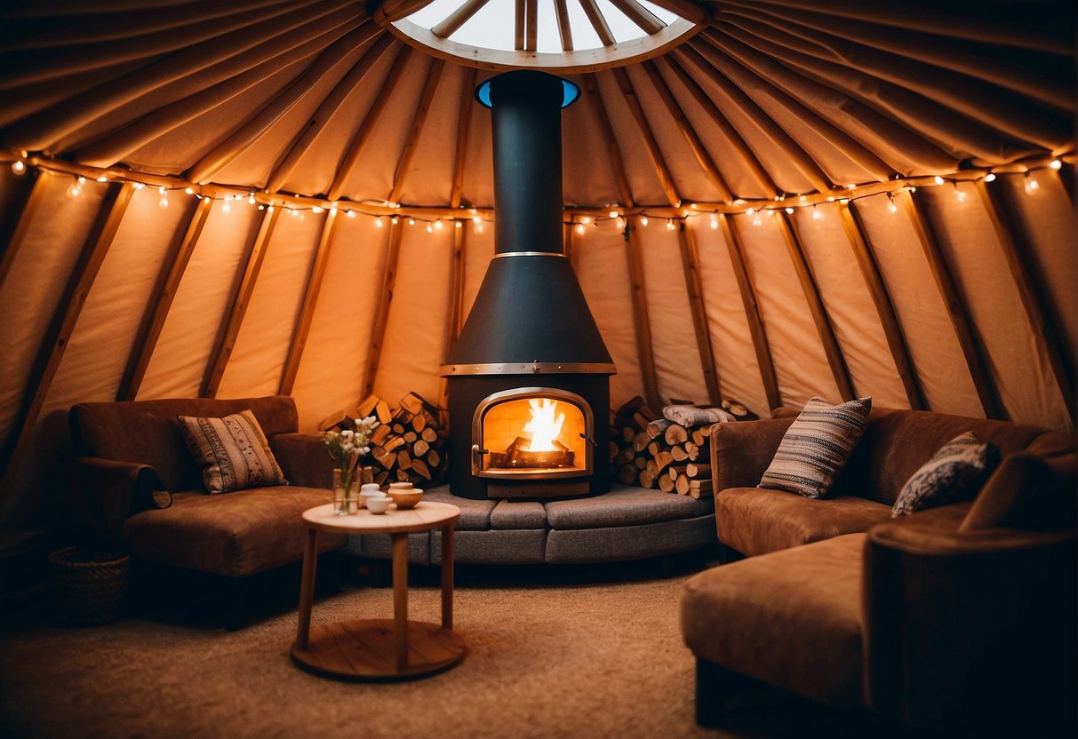 A cozy yurt with a crackling pellet stove as the focal point, surrounded by comfortable seating and warm lighting, creating a welcoming and inviting atmosphere