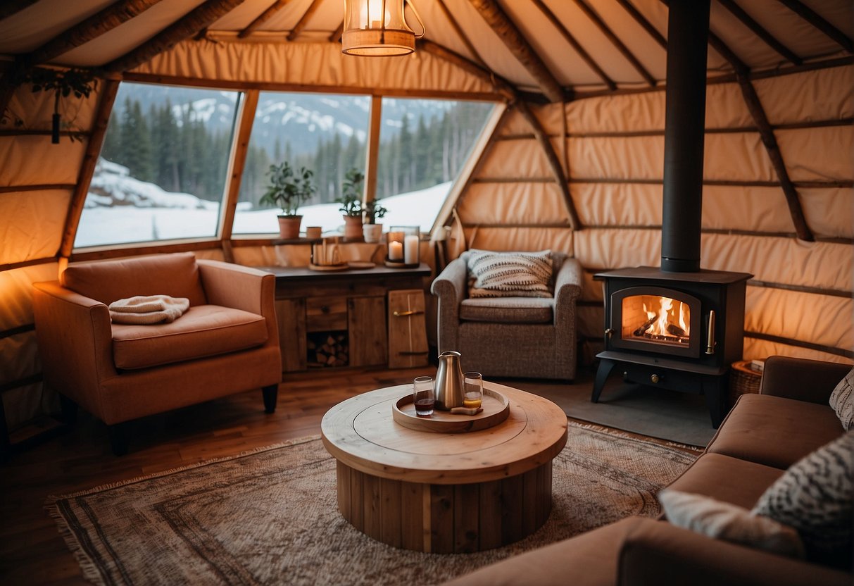 A cozy yurt interior with a modern, efficient pellet stove as the focal point. Soft, warm lighting and comfortable seating create a welcoming atmosphere